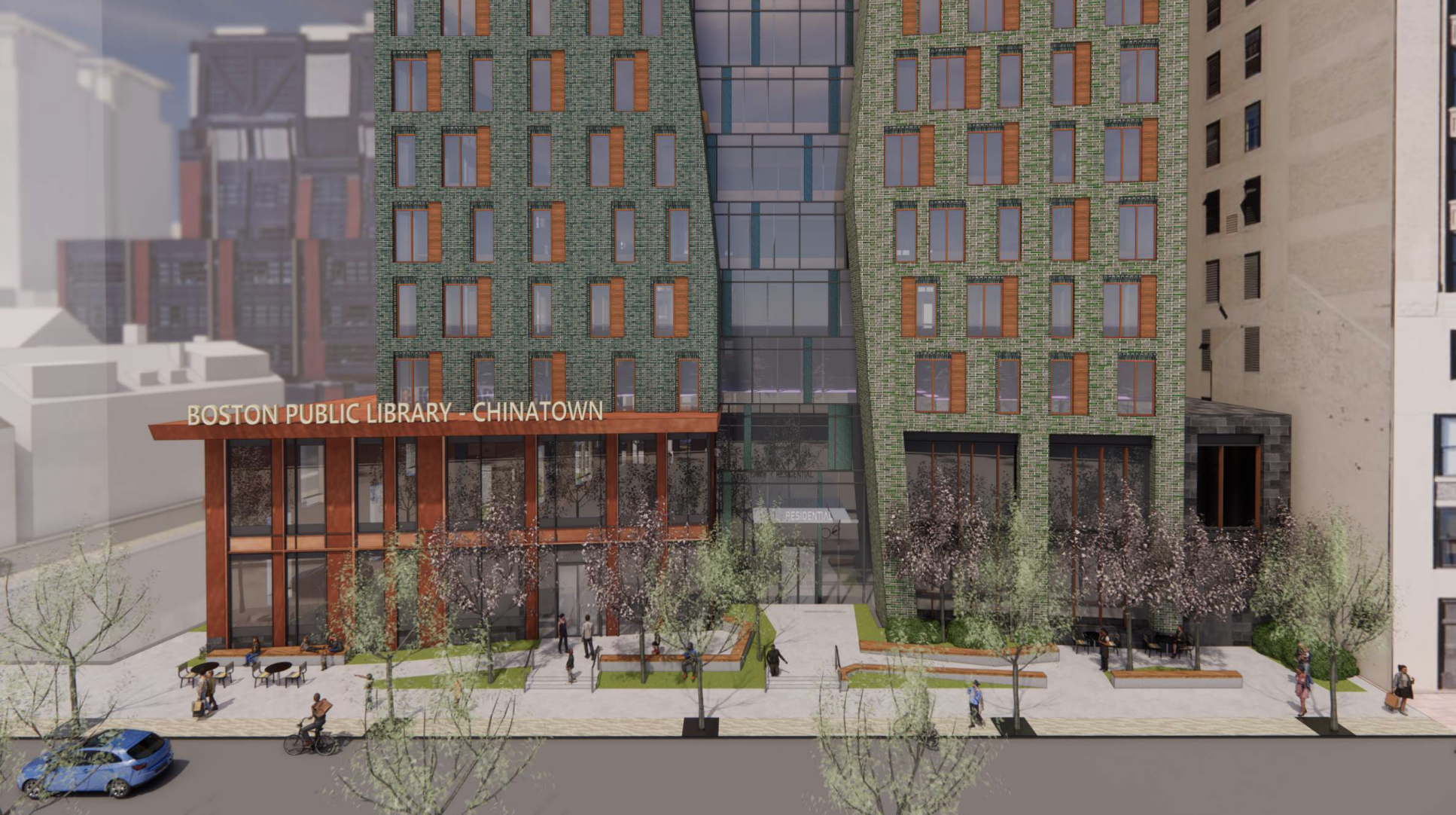 An architect's rendering of a new building with a ground-floor space signed "Boston Public Library" and 11 floors of apartments above. The upper floors are clad in green bricks and a small elevated plaza with ramps and small trees leads to the building's main entrance.