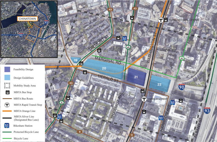 A map of Chinatown and the South End highlighting (in blue) 3 city blocks where the Interstate 90 highway trench divides the two neighborhoods. The central block, numbered "21" and lying between Shawmut Ave. and Washington St., is labeled for "feasibility design" while the adjacent blocks on either side (labelled 20 and 22) are labeled for "design guidelines." The map also includes the Orange and Silver Line routes, the routes of MBTA buses 43, 9, and 11, and bike lanes on Tremont and Shawmut.
