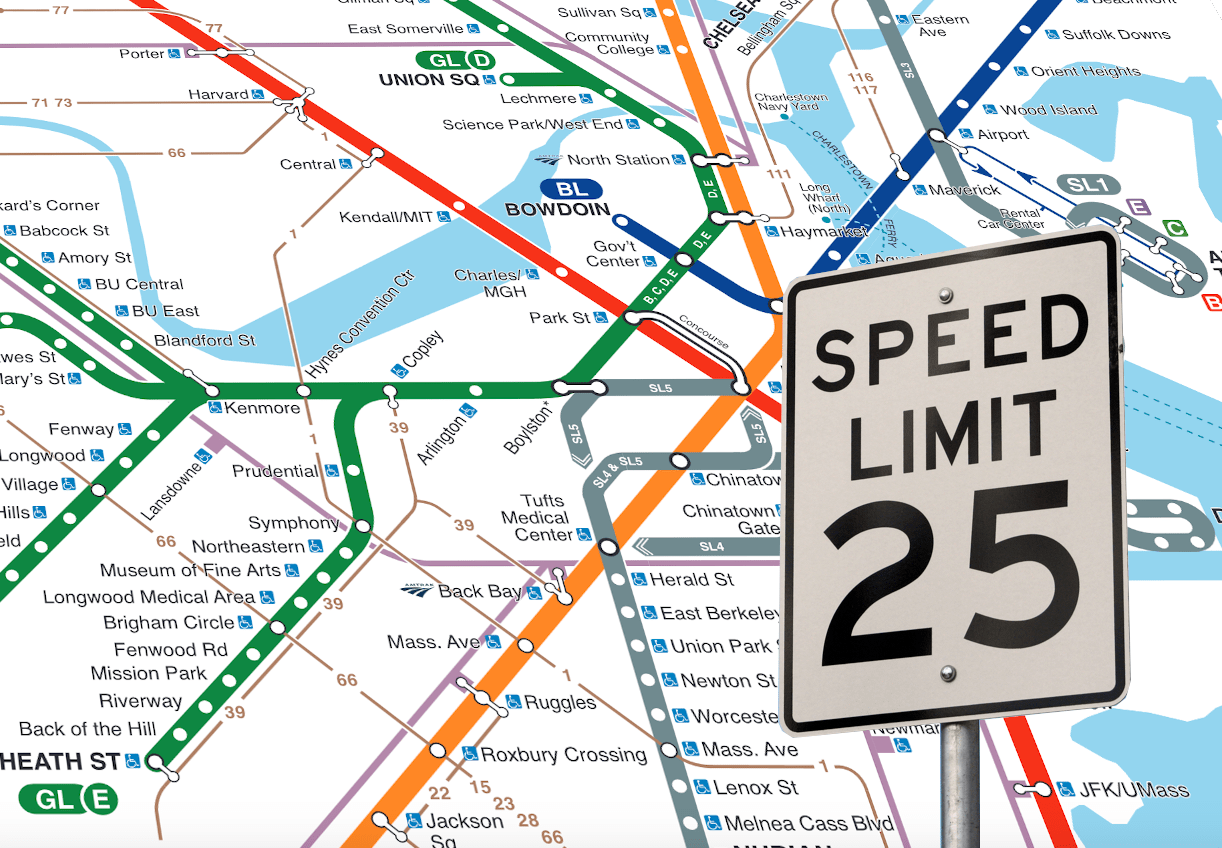 Photo illustration of the MBTA subway map with a "Speed Limit 25" road sign superimposed.