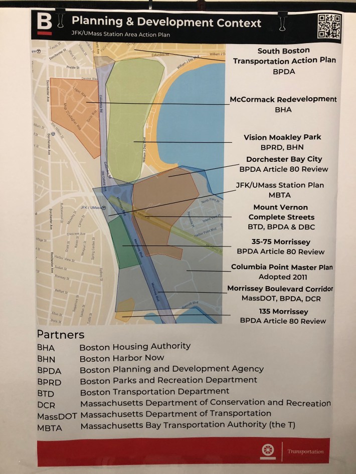 A City of Boston map of the Moakley Park/Columbia Point neighborhood illustrates ten of the overlapping plans and studies underway under various public and private jurisdictions for the Morrissey Boulevard area. The upper left shows a map with an overlapping patchwork of shapes that outline different development proposals and planning studies. The right side lists ten different studies and development review projects currently underway. The bottom part of the map offers a legend for eight different public and nonprofit agencies involved, including the Boston Housing Authority, Boston Transportation Department, MassDOT, DCR, and several others.