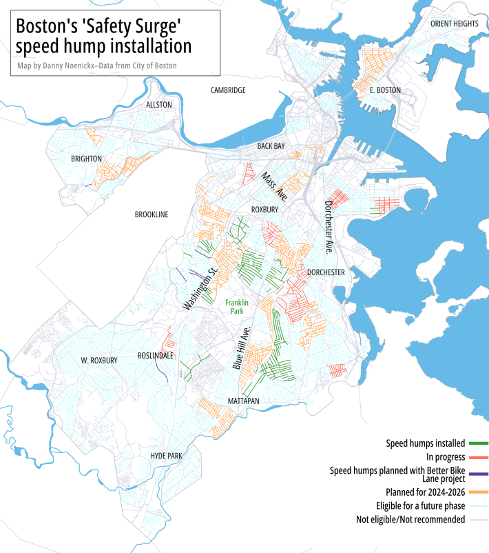 A map highlighting the neighborhoods where the City of Boston has already installed speed humps on neighborhood streets (highlighted in green, these include areas around Grove Hall, parts of Mattapan east of Harambee Park, and a few streets east of Hyde Square in Jamaica Plain); and where the city plans to install speed humps in the coming year (highlighted in red, including streets just SE of Nubian Square, parts of South Boston and City Point, and parts of Dorchester north and south of Geneva Avenue).
