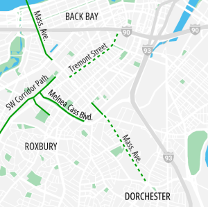 Locator map of new protected bike lane projects in the South End (center) and Dorchester (lower right) neighborhoods of Boston. A dashed lane in the lower half of the map represents a new 1-mile bike path along Mass. Ave.; in the upper half of the map, another dashed line running SW to NE indicates another bike lane project along Tremont Street. Solid green lines on the left and upper edges of the map indicate the existing SW Corridor and Melnea Cass bike paths, and the existing Mass. Ave. protected bike lanes in Back Bay.
