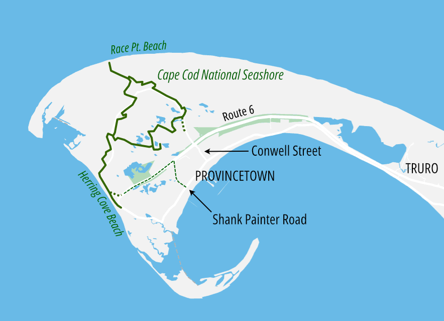 Map of Provincetown highlighting existing bike paths – which are mostly in the National Seashore lands north of Route 6 – and a proposed new connector trail that will run alongside Route 6 to connect the downtown area to the existing trail network near Herring Cove Beach, on the western shore of the Provincetown peninsula.