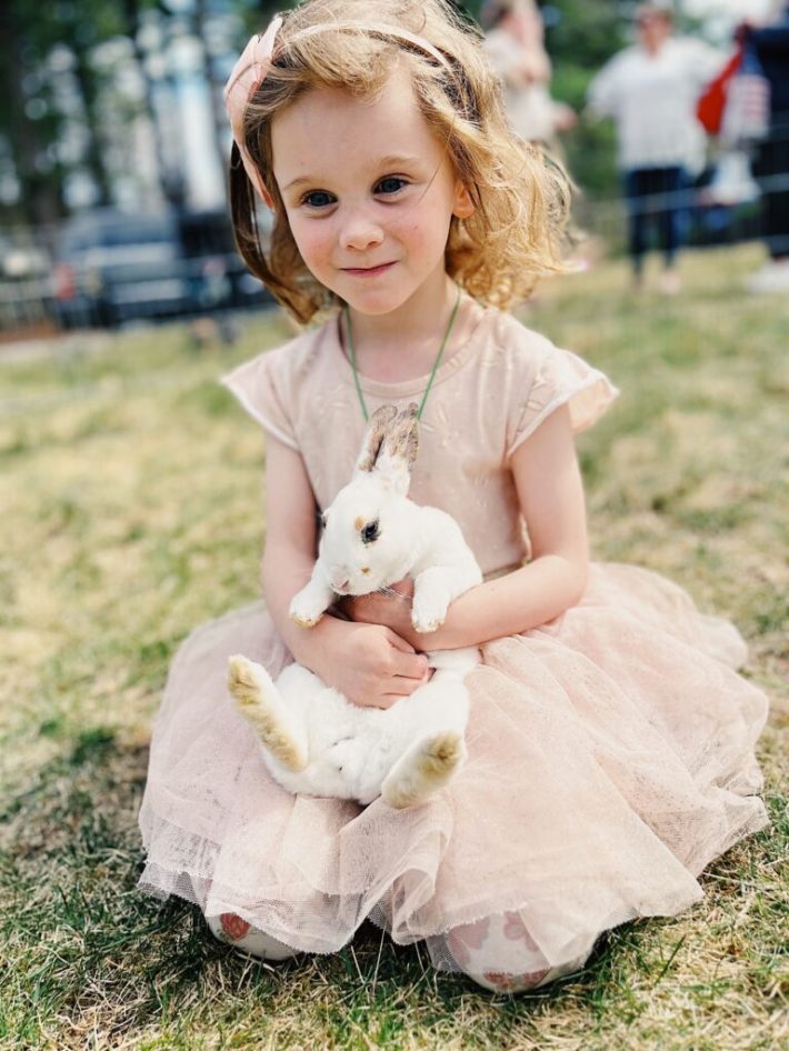 A little red-haired girl in a frilly pink dress holds a rabbit in her lap.