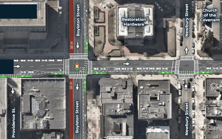 An overhead view of six city blocks with an illustration of new bike and bus lanes overlaid on Berkeley Street, which runs horizontally across the middle of the image, and Boylston Street, which runs vertically. Boylston sports a red bus lane on the left (south) side of the street and a green bike lane on the right (north) with parking spaces between the bike lane and the rest of the street. 