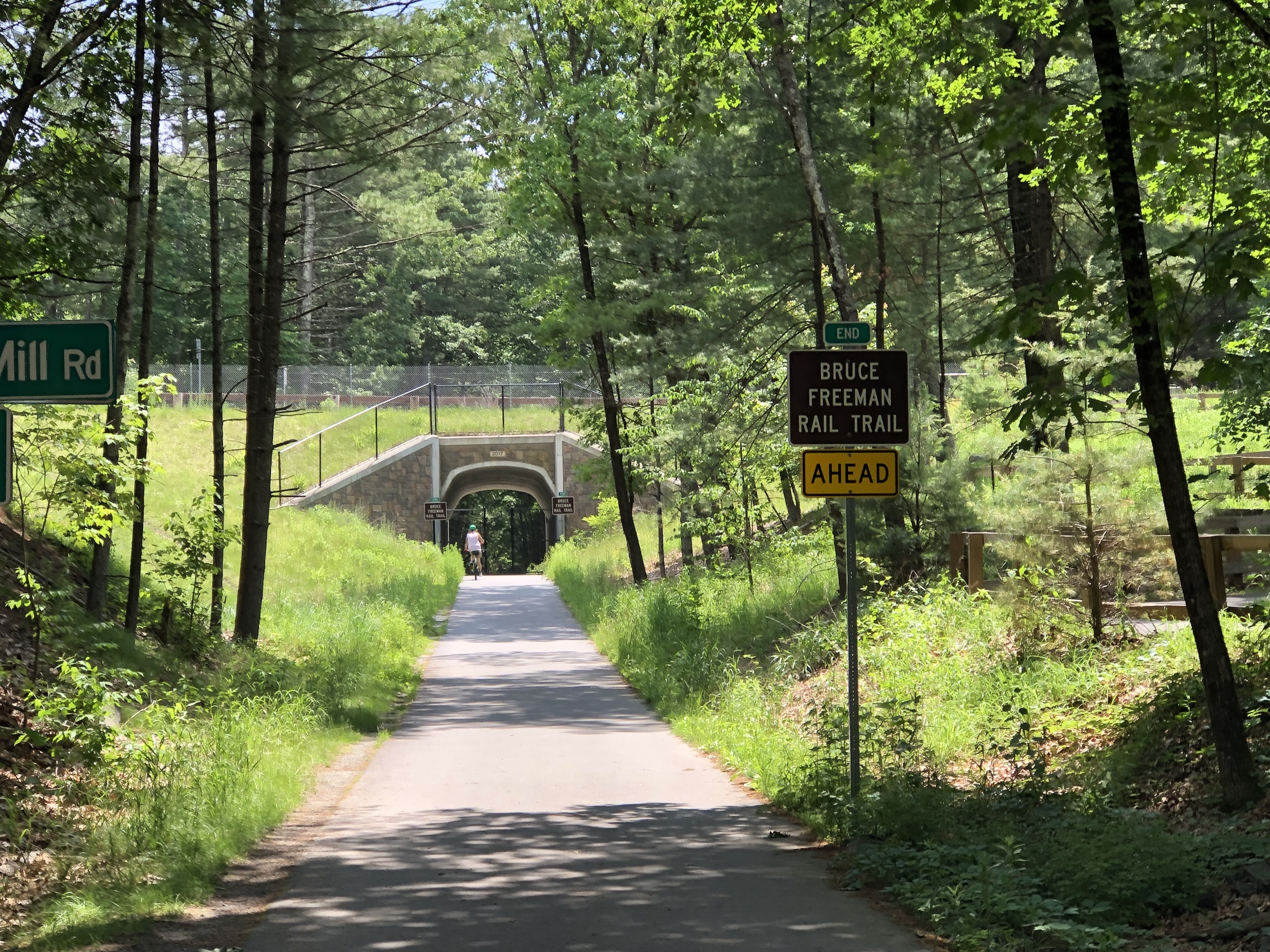 A trail though leafy woods leads to a tunnel under a roadway in the middle distance. Three signs stacked vertically on a signpost next to the trail in the foreground read "End / Bruce Freeman Rail Trail / Ahead"