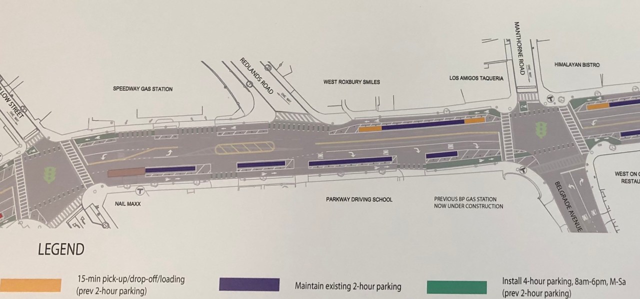 A diagram of a street with colored blocks indicating different on-street parking areas. From top to bottom, the street features a curbside bike lane, then a parking lane, then a westbound motor vehicle lane, then, in the center, a striped median area or left-turn lane, then an eastbound lane, another parking lane, and an eastbound bike lane. 