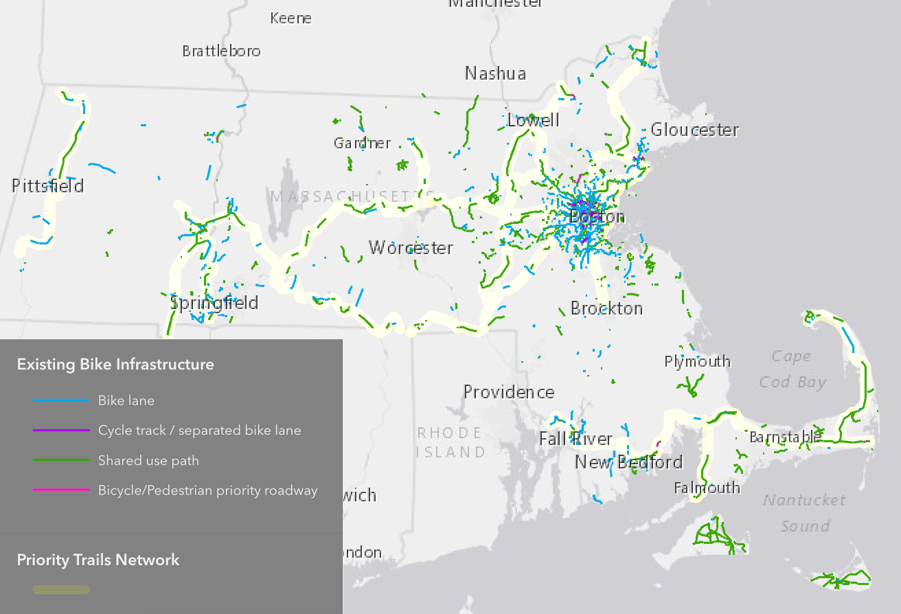 A map of Massachusetts highlighting long-distance trails that MassDOT hopes to connect across the state. Those routes are highlighted as yellow lines and include north-south routes in the Berkshires from Pittsfield to North Adams, in the Connecticut River Valley from Westfield to Northampton and from Northampton to Springfield, two east-west routes from Palmer to Boston, a route along Cape Cod, and a network of routes to connect gateway cities in eastern Mass. to Boston.