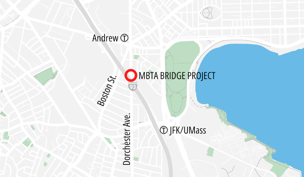 A locator map of the MBTA's Dorchester Ave. bridge project. A red circle about one block south of the Andrew Sq. Red Line station indicates the location of the project. South Boston is located in the upper right corner of the map and Everett Square in Dorchester is in the lower left corner.