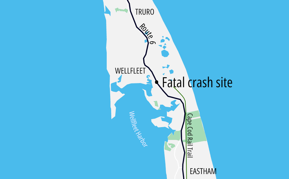Map of Wellfleet on Cape Cod. Route 6 runs north-south through the center of the map, in the middle of the Cape Cod isthmus. The crash site is highlighted in the center, near Wellfleet Harbor. The Cape Cod Rail Trail is shown as a green line that runs just east of Route 6 on the southern part of the map between Wellfleet and Eastham.