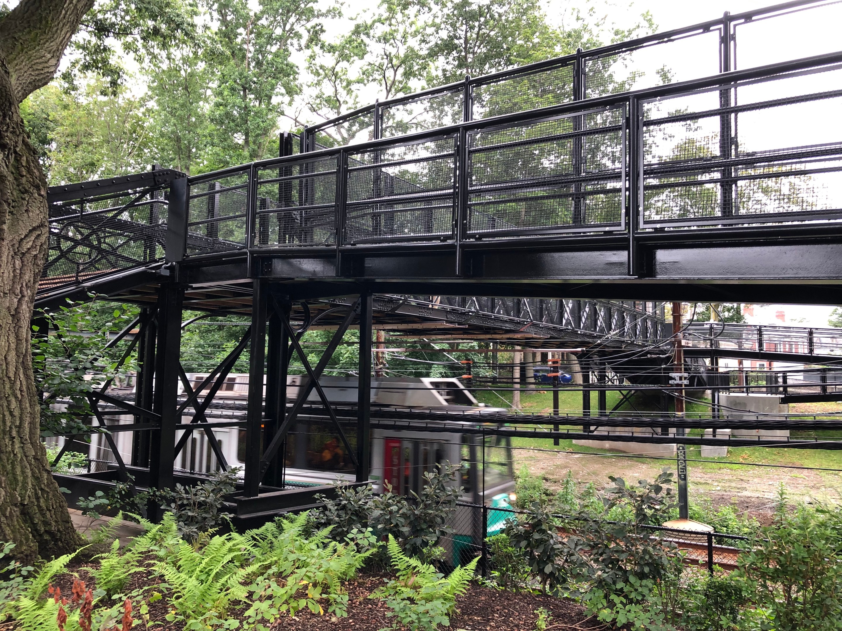 A Green Line train passes under a black metal bridge in a forest. A few brick houses are visible in the distance on the other side of the bridge.