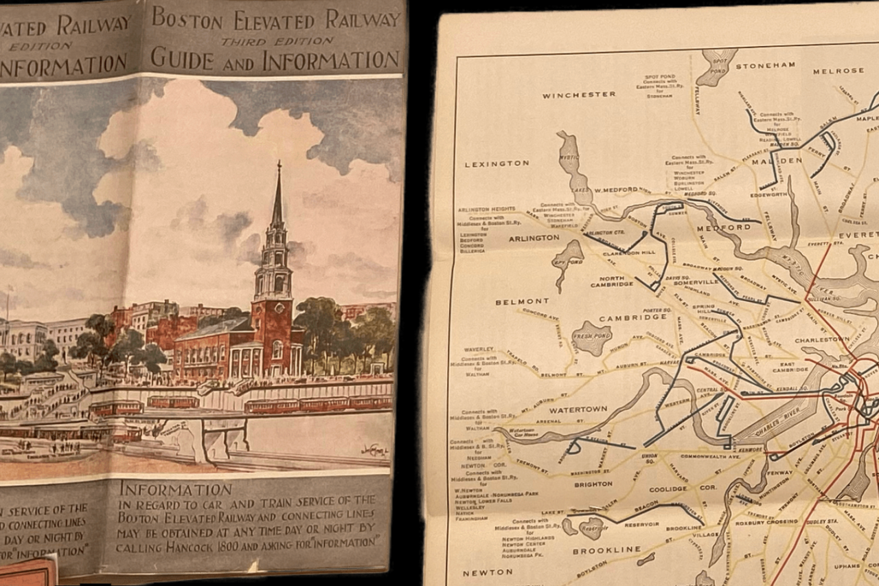 A detail of a 1920s streetcar pocket guide to the greater Boston area. The cover features a cutaway view of the Park Street subway next to the Park Street Church, under the title "Boston Elevated Railway - Third Edition - Guide and Information". The inside of the guide,pictured at right, shows streetcar lines radiating out from downtown Boston, including some lines that are recognizable as predecessors to today's Orange, Blue, Green, and Red lines.