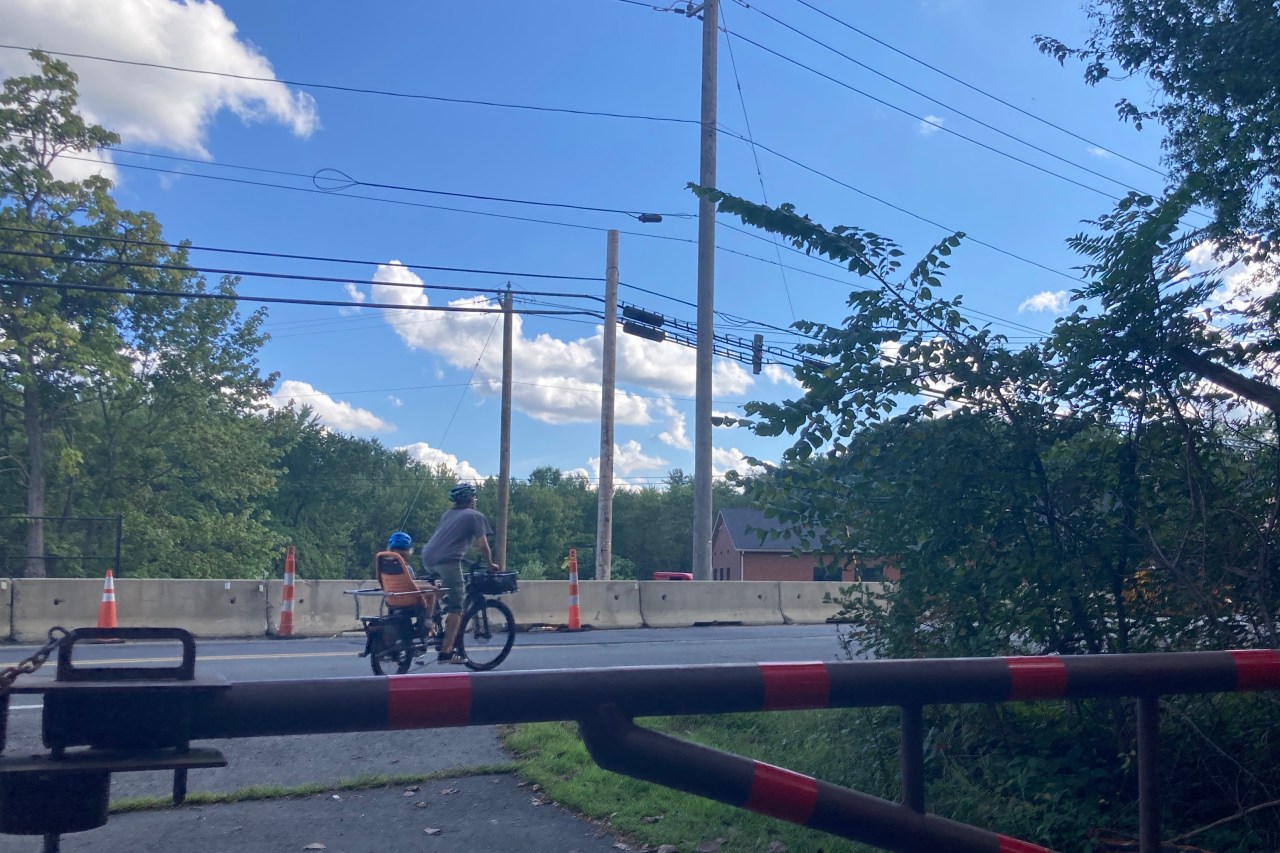 A man and child riding. a bike onto a 2-lane roadway. A row of jersey barriers blocks the opposite side of the street. Beyond are some power lines and trees, and in the foreground is a gate.