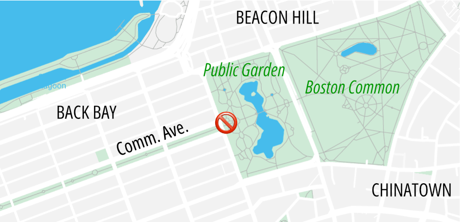 A locator map of downtown Boston and Back Bay with the Public Garden in the center and the Charles River in the upper right. A red X marks the spot where a popular access point into the Garden will be closed until Spring 2024. The X is in the center of the map, where Commonwealth Avenue terminates at the western edge of the Garden.