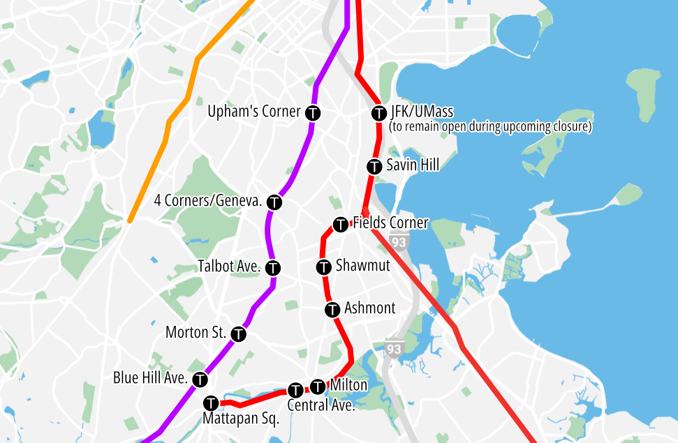 A map of Dorchester and Jamaica Plain highlighting the location of the Fairmount Line and Red Line, which runs roughly parallel to the Fairmount Line about a mile to the east.