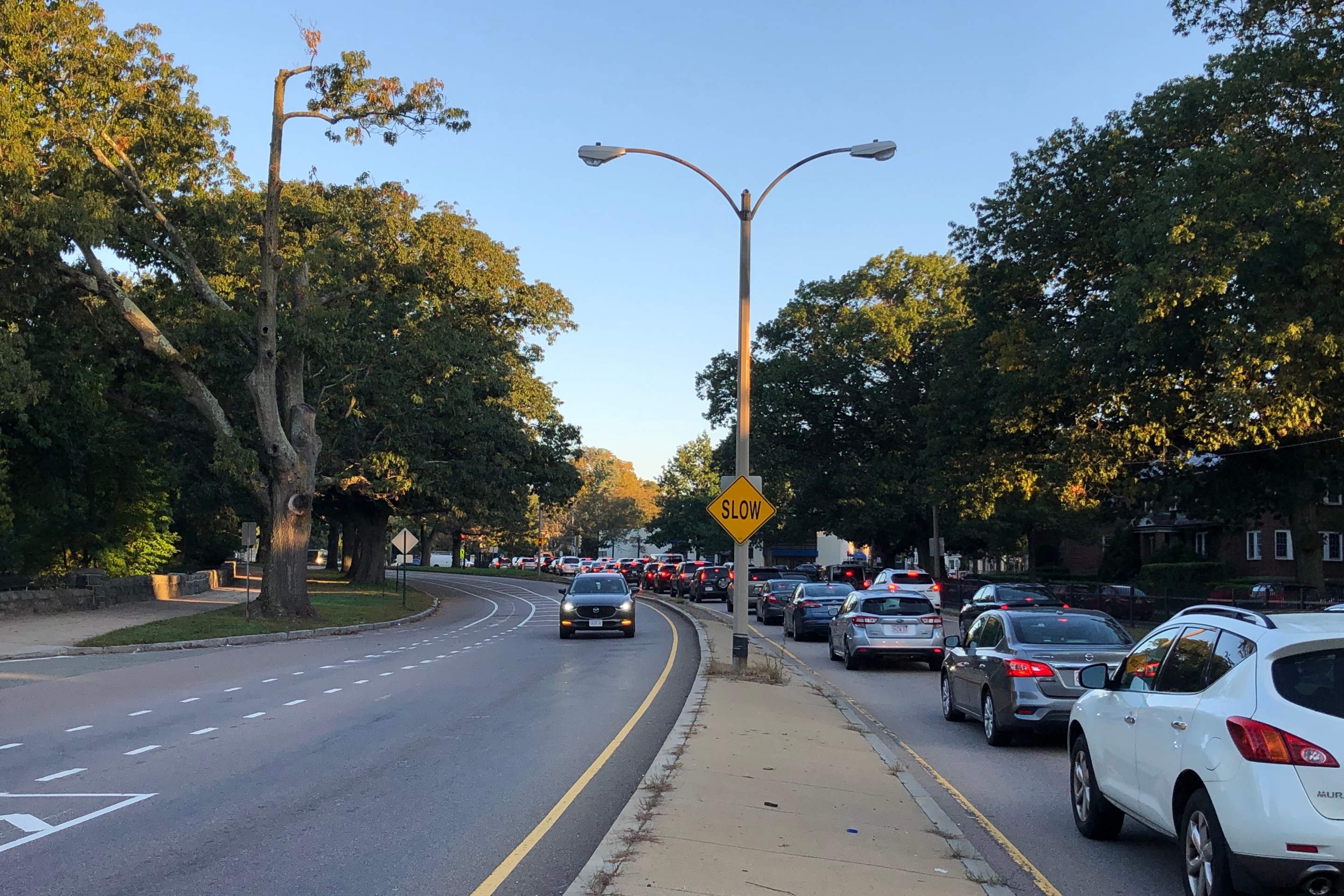 A long line of cars waits in two lanes of stopped traffic on the right, while on the left, a single car drives down a roadway next to a wide bike lane. A concrete median divides the two sides of the road, and on the edges of the photo are large, mature leafy trees.