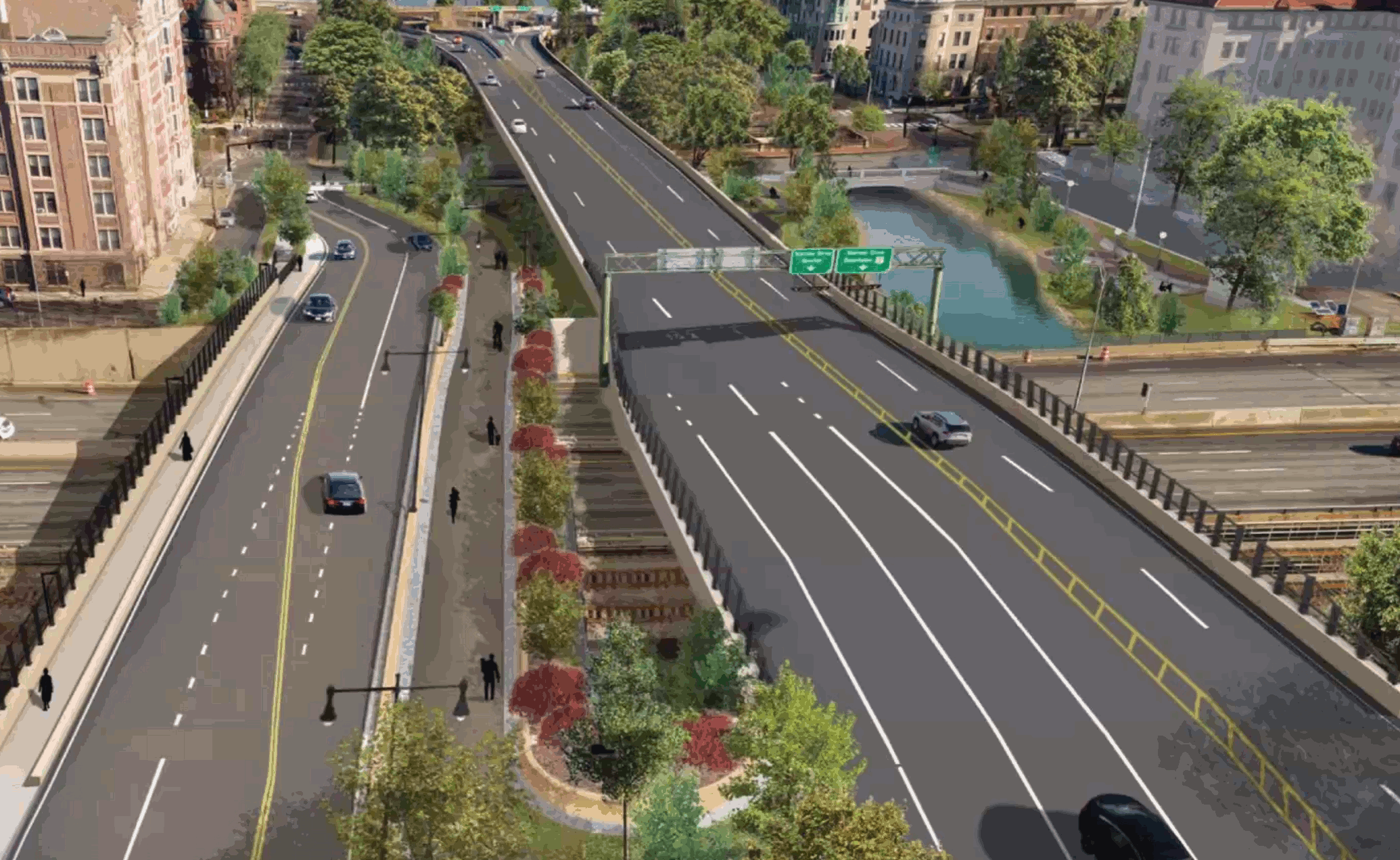 A two-frame animation shows the current-day view of the Bowker Overpass compared with a rendering illustration of the same view after a new highway project is complete. The current-day view shows a patched-up highway overpass extending over a railroad and multi-lane freeway that runs horizontally across the middle of the image. Beyond the highway, the overpass continues over city streets among the treetops in a park. In the rendering, a new overpass runs along the same course, but two on- and off-ramps connecting the overpass to the surface streets in the distance have been removed, and a second, parallel bridge carries three lanes of traffic and a wide bike and pedestrian path to the left.