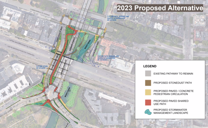 An overview map of MassDOT's plans to replace the Bowker Overpass over Interstate 90 near Kenmore Square. Commonwealth Ave. runs diagonally across the top of the image from upper left corner to the right edge. At the lower left is Boylston Street and the edge of the Back Bay Fens. The map shows two proposed new bridges over Interstate 90 (which runs parallel to and south of - below - Commonwealth Ave.), including a wide shared-use bike and pedestrian path that would connect the Back Bay Fens to Commonwealth Ave. A segment of the Muddy River would be exposed to daylight with the demolition of an existing off-ramp between the Bowker and Charlesgate East.