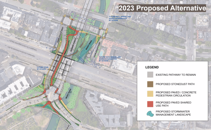 An overview map of MassDOT's plans to replace the Bowker Overpass over Interstate 90 near Kenmore Square. Commonwealth Ave. runs diagonally across the top of the image from upper left corner to the right edge. At the lower left is Boylston Street and the edge of the Back Bay Fens. The map shows two proposed new bridges over Interstate 90 (which runs parallel to and south of - below - Commonwealth Ave.), including a wide shared-use bike and pedestrian path that would connect the Back Bay Fens to Commonwealth Ave. A segment of the Muddy River would be exposed to daylight with the demolition of an existing off-ramp between the Bowker and Charlesgate East.