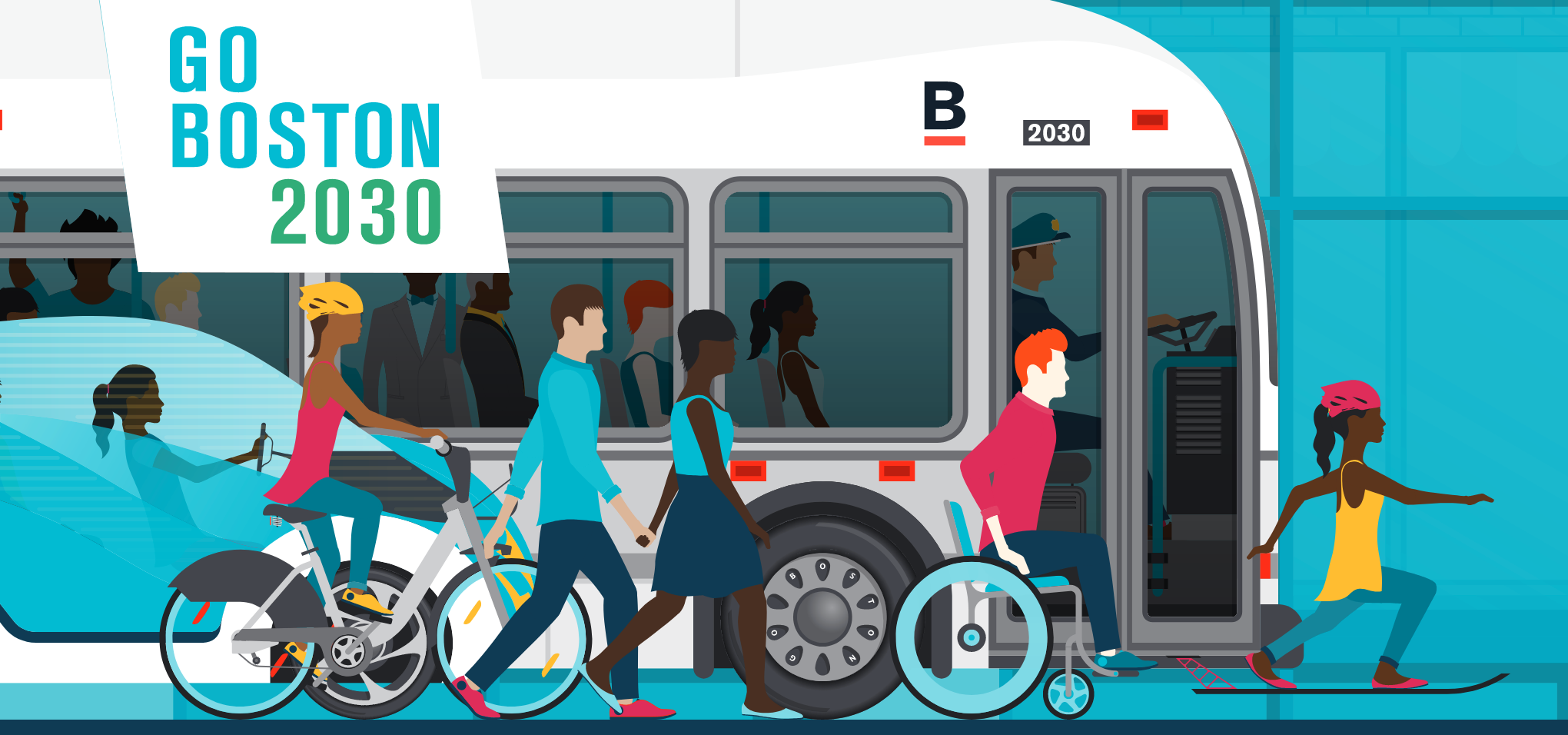 Cover image from the Go Boston 2030 plan, an illustration of a crowd of people walking, rolling, and biking down a street in front of a full city bus.
