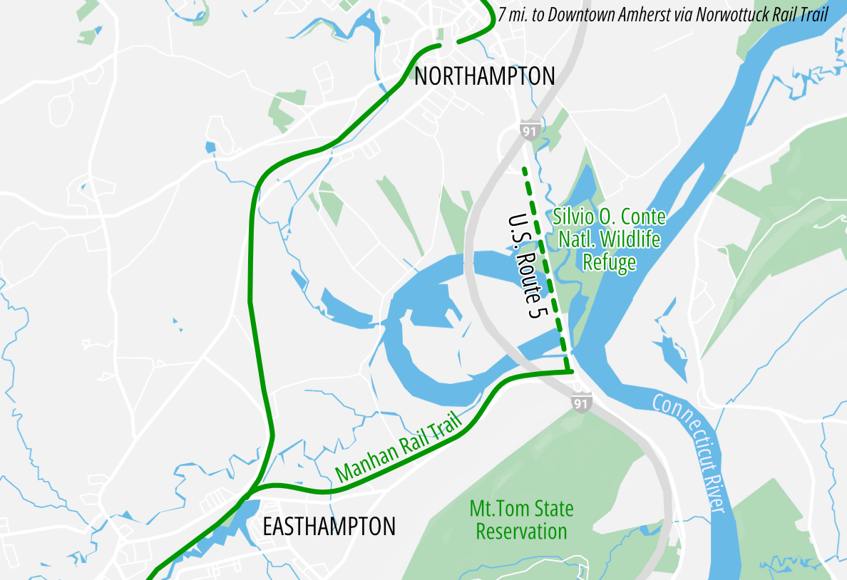 A map of Northampton and Easthampton showing existing segments of the Manhan Rail Trail, which connects the two towns in a C shape. The Connecticut River meanders on the right side of the map. An east-west spur of the Manhan Rail Trail in Easthampton, which forms the bottom of the "C" shape, would be extended north towards downtown Northampton in an upcoming project. A dotted straight line indicates the location of that project. The dotted line stops just south of downtown Northampton and runs alongside the Silvio O. Conte Wildlife Refuge next to the river.