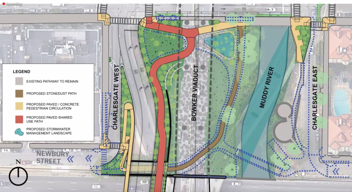 A diagram of proposed new roadways, sidewalks, and multi-use pathways being proposed through the Charlesgate Park in Boston. A pair of vertical dotted lines in the middle of the image indicate the Bowker Viaduct, a four-lane highway overpass. Just to its left, a red line shaped like a hook indicates a new shared-use pathway running from Commonwealth Avenue (at the top of the image) to a second bridge over the Mass. Turnpike (at the bottom edge). The Muddy River is indicated by a thick blue line on the right.