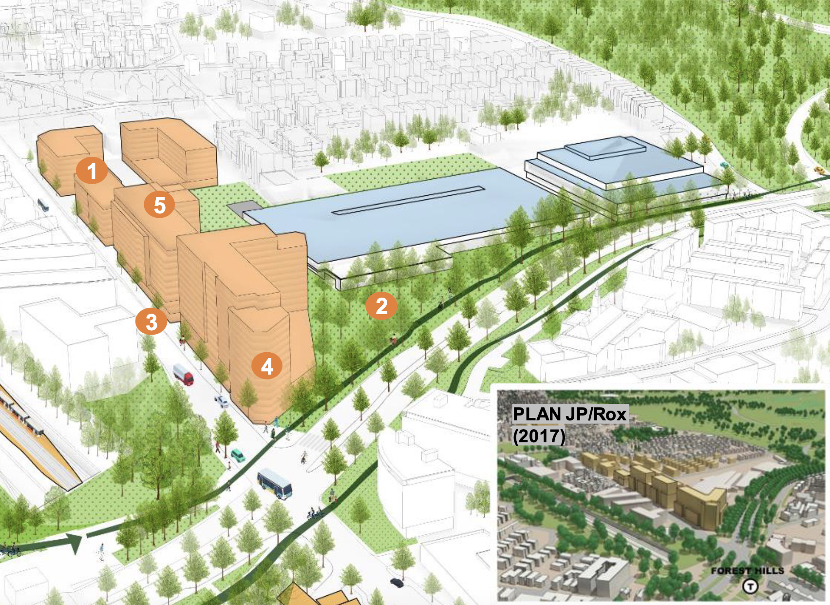 A sketch of proposed new housing alongside a new Arborway bus garage in Jamaica Plain, seen from an aerial perspective from over the Arnold Arboretum, looking toward Franklin Park. On the left edge of the sketch are a row of salmon-colored mid-rise buildings, indicating potential new housing along Washington Street. In the center is a large, single-story warehouse-style building in blue, which indicates the rough shape of a proposed new MBTA bus garage. The Arborway highway and greenway are in the foreground, running from the lower-left corner to the upper-right edge.