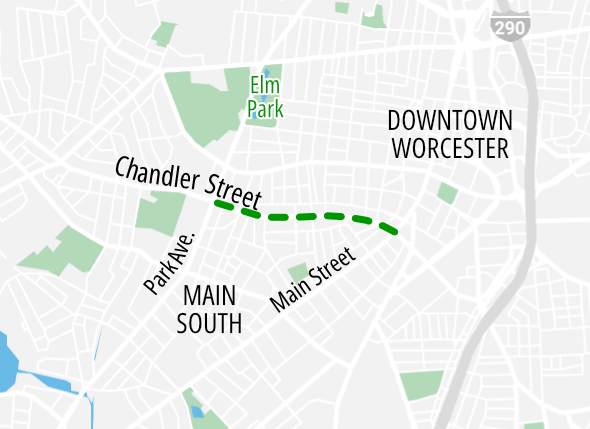 Locator map of Chandler Street in Worcester. Downtown Worcester is in the upper-right side of the map, with Interstate 290 running along the right edge. In the upper center is Elm Park. Chandler Street runs roughly horizontally through the center of the image. A segment of Chandler is highlighted with a dotted green line between Park Ave. (which runs next to Elm Park) and Main Street (which runs through downtown) as the project location.