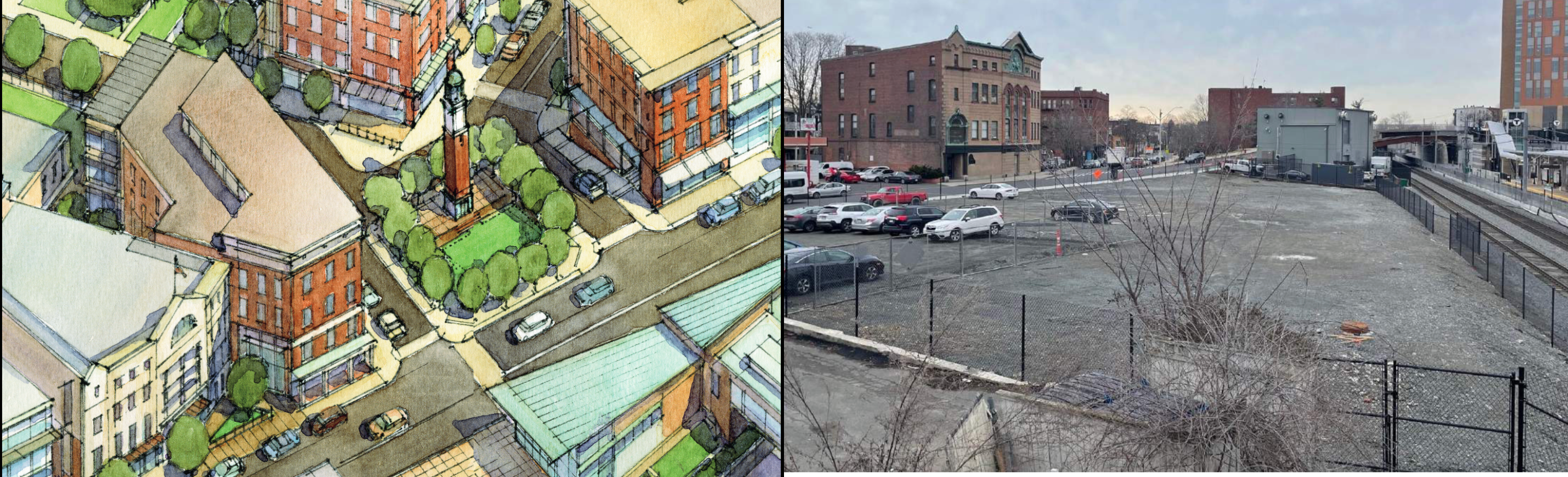 A diptych of images shows an illustrative sketch of the Gilman Square area at left, and a photo of the same area at right. The sketch shows proposed new buildings that were envisioned in a 2014 neighborhood plan. The photo, taken in 2023, shows a large gravel lot with a handful of parked cars in it.