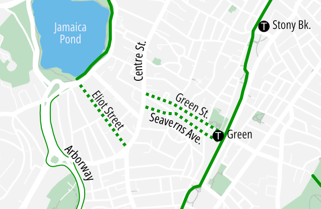 A map of Jamaica Plain. Jamaica Pond is in the upper left and the Southwest Corridor runs from the bottom edge to the upper right as a solid green line with the Stony Brook and Green Street subway stations marked along its route. Centre Street runs vertically up the center of the map. Three dotted lines connected to Centre Street indicate the locations of new bike infrastructure. Eliot Street runs from Centre to the southern edge of Jamaica Pond in the map's left center, and Green and Seaverns are parallel lines that connect Centre to the Green subway stop in the center of the map.