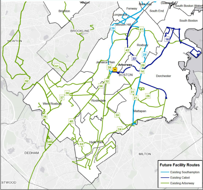 A map of MBTA bus routes in southern Boston, illustrating the routes that will be electrified after the completion of the new MBTA Arborway garage. Several existing routes based in other garages – like the #28 on Blue Hill Ave and#39 on Centre Street – will be shifted to Arborwayand provided with battery electric buses. The highlighted routes also include all MBTA bus service inJamaica Plain, Mattapan, Roslindale, andHyde Park.