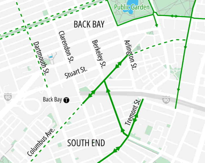 Locator map showing the City of Boston's new protected bike lanes on Tremont, Berkeley, and Columbus Ave. The map shows parts of Back Bay and the South End, with the Public Garden in upper right, and the Commonwealth Avenue mall at upper left. Columbus Avenue runs diagonally through the map's center from the lower left corner to Park Plaza, in the upper-right quadrant of the map two blocks south of the Garden. A highlighted green line on Columbus in the center of the map indicates the location of new protected bike lanes, between Back Bay MBTA station and Arlington St. at Park Plaza. In the middle of that segment, another green line highlights a second new bike lane on Berkeley Street. This one runs one-way, northbound, from Tremont (at the lower edge of the map) to Columbus (near the center).