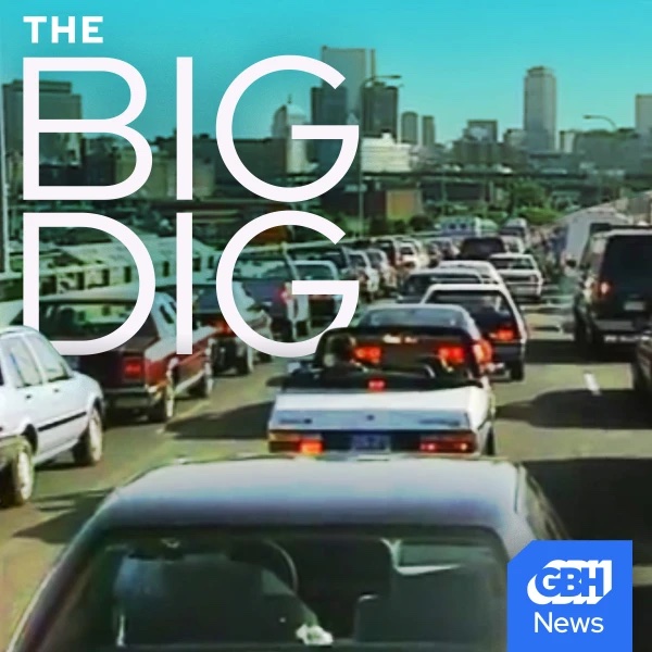 The Big Dig podcast logo. The logo features a square image of cars in a traffic jam, with the words "the BIG DIG" in upper left. The GBH news logo is in a small blue box at lower right