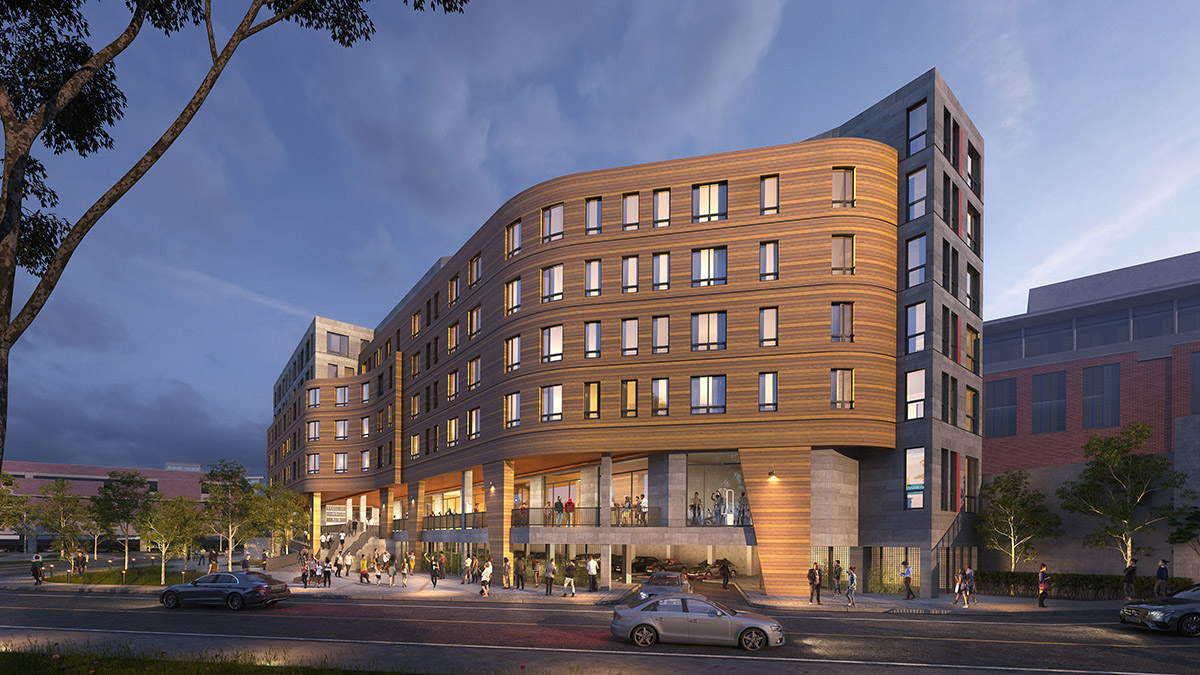 A rendering of a six-story apartment building at dusk with an undlating curved facade.