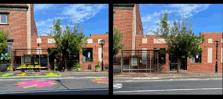 An animated GIF shows the same before-and-after diptych of the same bus stop above with an overlay of viewers' attention, displayed as red and green blobs. A red splotch indicates a focal point on the revamped floral bus stop bench at left, with yellow blobs on and around the painted flowers on the platform in front of the shelter. The image at right, which shows the same bus stop without the floral installation, has only a few green blobs indicating weak attention.