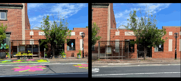 An turned-on GIF shows the same before-and-after diptych of the same bus stop whilom with an overlay of viewers' attention, displayed as red and untried blobs. A red splotch indicates a focal point on the revamped floral bus stop seat at left, with yellow blobs on and virtually the painted flowers on the platform in front of the shelter. The image at right, which shows the same bus stop without the floral installation, has only a few untried blobs indicating weak attention.