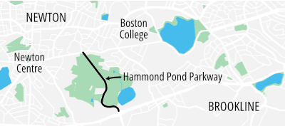 A map of Hammond Pond Parkway, which cuts across a protected parkland between Newton and Brookline and skirts the edge of a small pond south of the Boston College campus and east of Newton Centre.