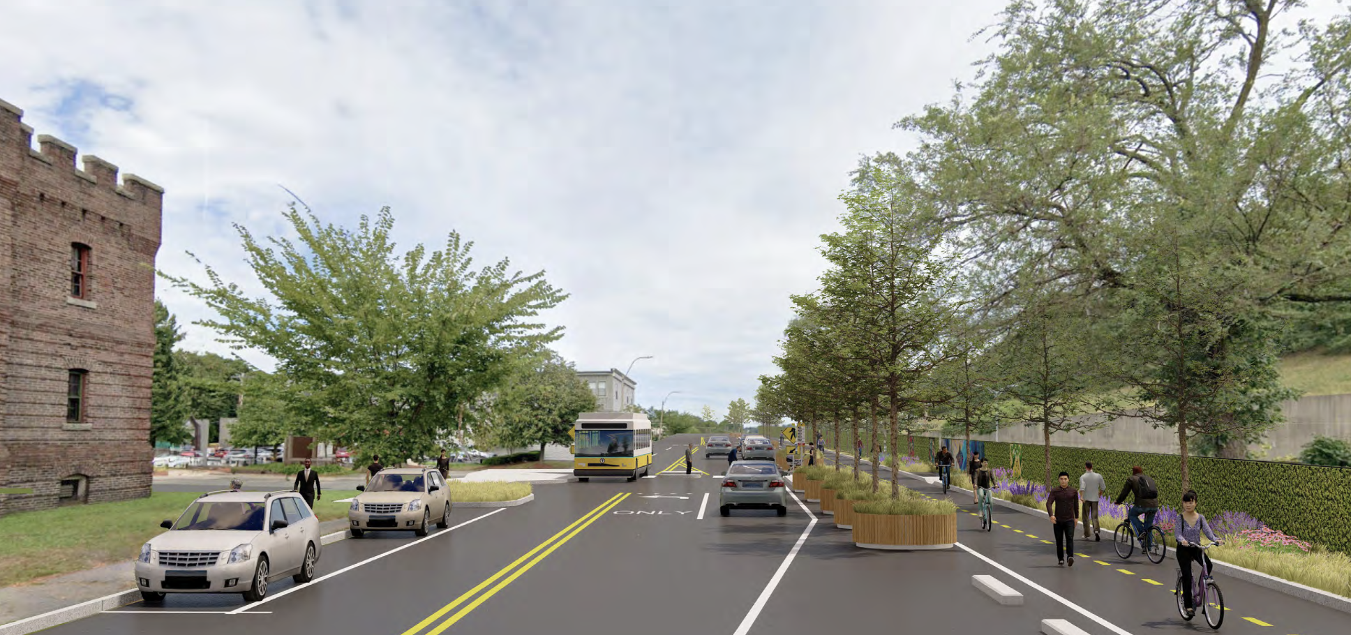 A rendering of a street with three moving vehicle lanes in the middle, a parking lane on the left curb, and a two-way bike path along the right curb. In the middle distance is a crosswalk and a white-and-yellow MBTA bus is approaching in the opposite lane.