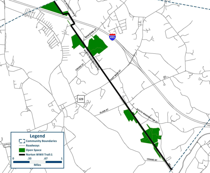 Map of the proposed rail trail across the Town of Norton. The trail runs as a diagonal black line from the upper left to the lower right and crosses through several open space parcels marked in dark green.
