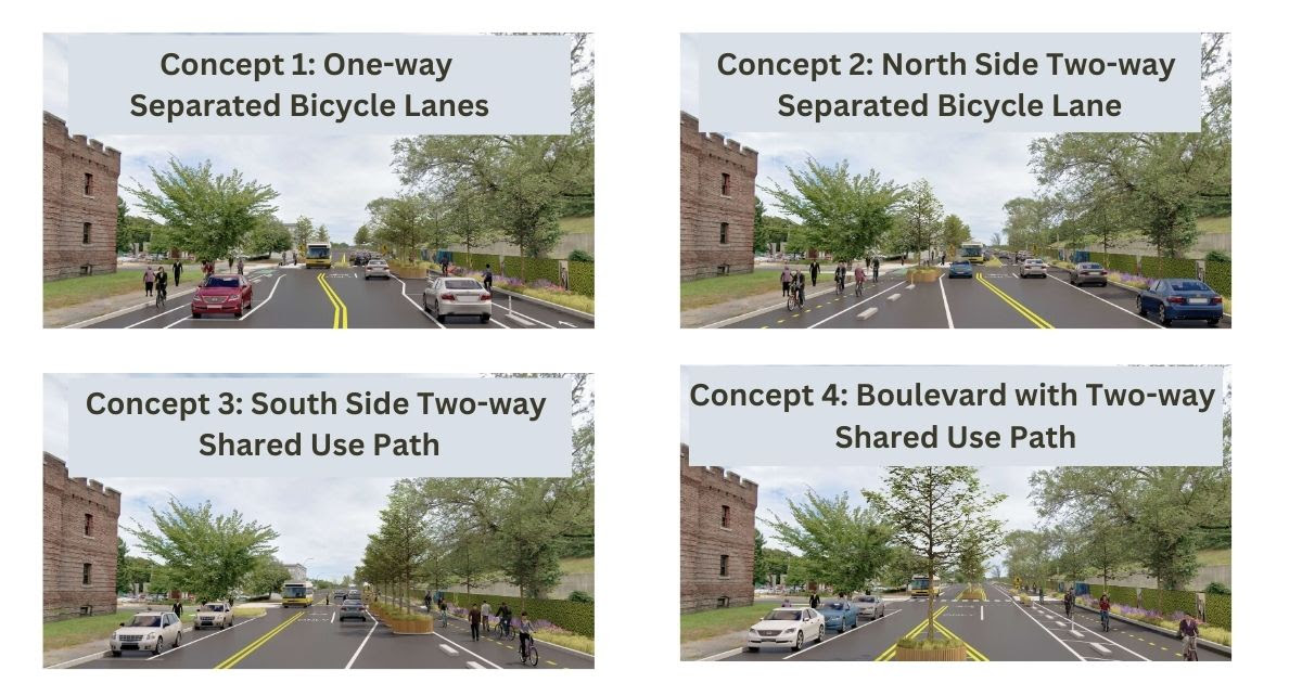 A grid of four renderings of the same street show four different configurations for a proposed new bike lane. In the upper left labeled "Concept 1: One-Way Separated Bike lanes" is a street with two car lanes and a center turning lane in the middle, two on-street parking lanes, and two one-way protected bike lanes along the curb. In the upper left labelled "Concept 2: North Side Two-Way Separated Bike Lane" is a street with with two car lanes and a center turning lane in the middle, and a wider two-way protected bike lanes along the left curb and on-street parking on the right curb. In the lower left labelled "Concept 3: South Side Two-Way Shared-Use Path" is a street street with two car lanes and a center turning lane in the middle, and a wider two-way protected bike lane along the right curb and on-street parking on the left curb. In the lower right, labelled "Concept 4: Boulevard with two-way shared use path" is a street with two car lanes and a center turning lane in the middle, plus a median island with trees in the foreground before the center-turn lane begins, and a wider two-way protected bike lane along the right curb and on-street parking on the left curb.
