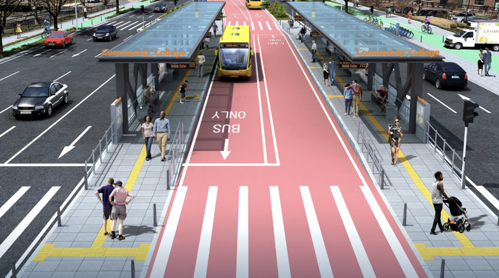 A rendering of a bus rapid transit station with red-painted bus lanes in the center and large boarding platforms on either side. Signs on top of the canopies above the platform say "community college". On either side of the platform are crosswalks and multiple lanes for car traffic.