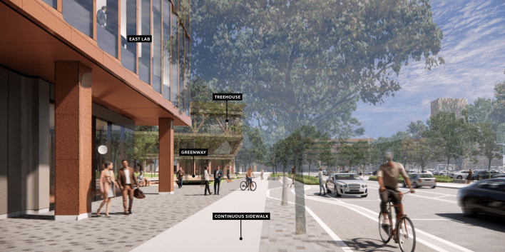 An architect's rendering of a sidewalk with a new building labeled "East Lab" to the left, a wide sidewalk and sidewalk-level bike lane in the foreground, and a two-lane street with on-street parking to the right.