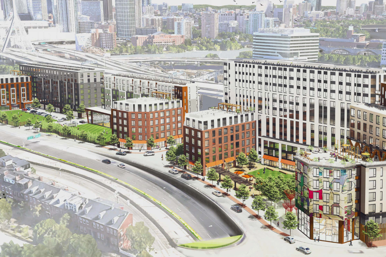A rendering of proposed new apartment buildings along Rutherford Ave. The Zakim Bunker Hill Bridge is visible in upper left, and the new buildings range in height from 6 stories along Rutherford to 12 stories near I-93.