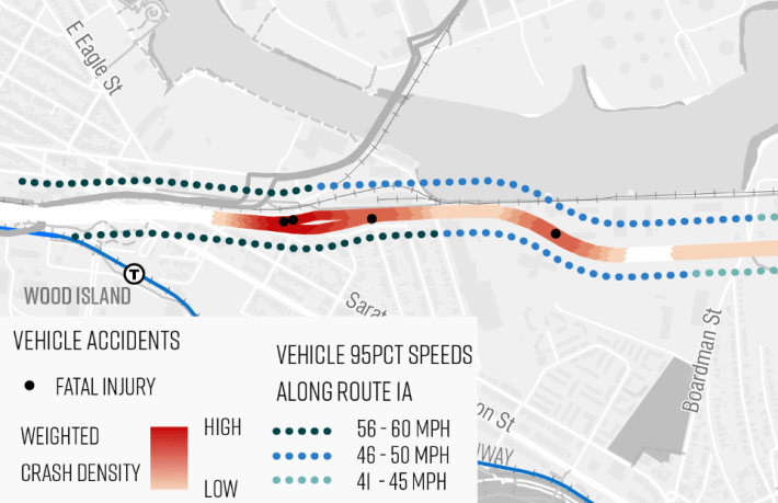 A map of Route 1A in East Boston illustrating speeds (which increase towards the left (south) side of the map, as vehicles approach the elevated East Boston Expressway) and crashes (in shades of red, with the densest crash locations in the vicinity of Curtis Street in the middle of the map, where Route 1A transitions from an elevated expressway to a surface-level roadway with intersections.
