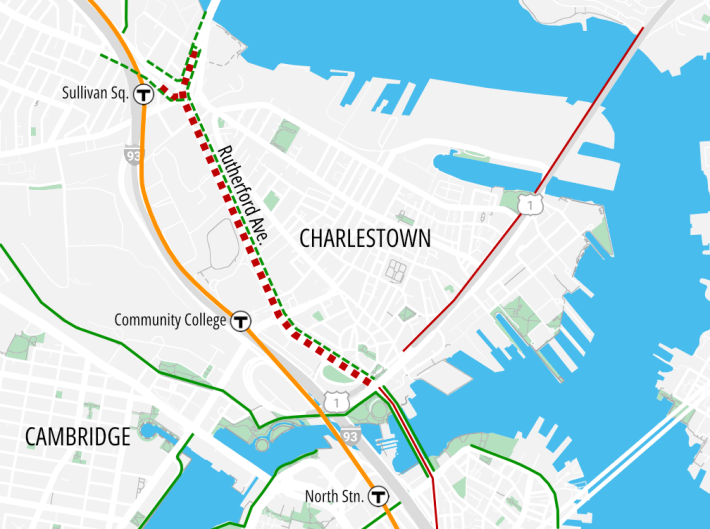 A map of Charlestown highlighting existing bike and bus lanes and planned bus and bike infrastructure associated with the planned Rutherford Avenue redesign. In the map, the new bus lanes and bike path run from the Charles River in the lower-center of the map to the Sullivan Square area in upper left.