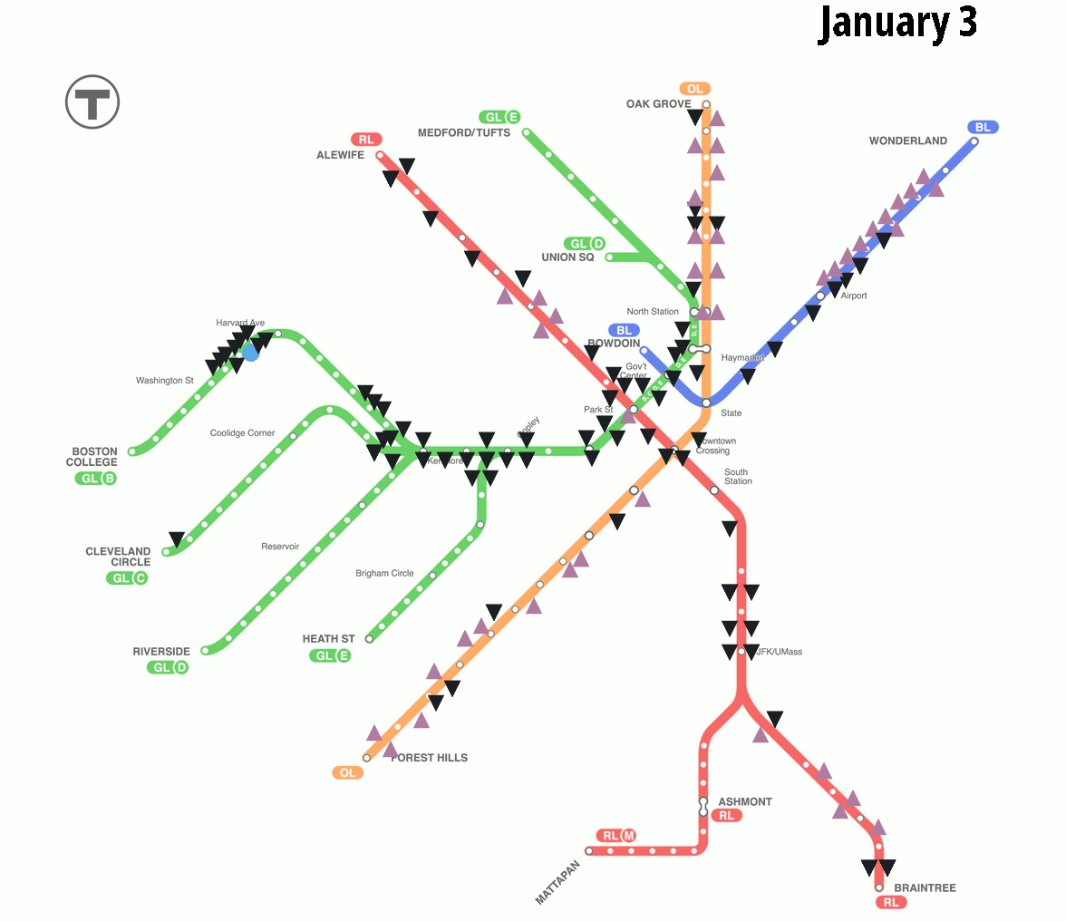 An animation shows how numerous speed restrictions were removed from the central segment of the Green Line between Jan. 3, 2024 and Jan. 29, when the line reopened after an extended closure for track work. The first frame for Jan. 3 shows a dense cluster of speed restriction icons in the center of the Green Line between Kenmore Square and North Station. The second frame, showing the same map on Jan. 29, shows significantly fewer speed restriction icons.