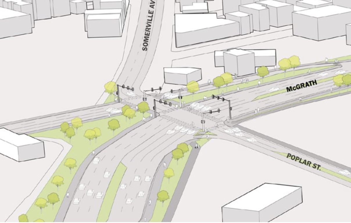 A grey isometric drawing of a proposed redesign of McGrath Boulevard illustrates a wide double-intersection where McGrath meets Somerville Ave (coming in from the top edge of the picture) and Poplar Street coming in from the bottom right corner and Medford Street coming in from the left. There are sets of traffic lights in the middle and McGrath is seven lanes wide, with a smattering of trees illustrated along the edges.