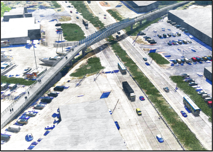 A bird's eye rendering of a new trail bridge spanning a four-lane highway that's surrounded by huge parking lots and warehouses.