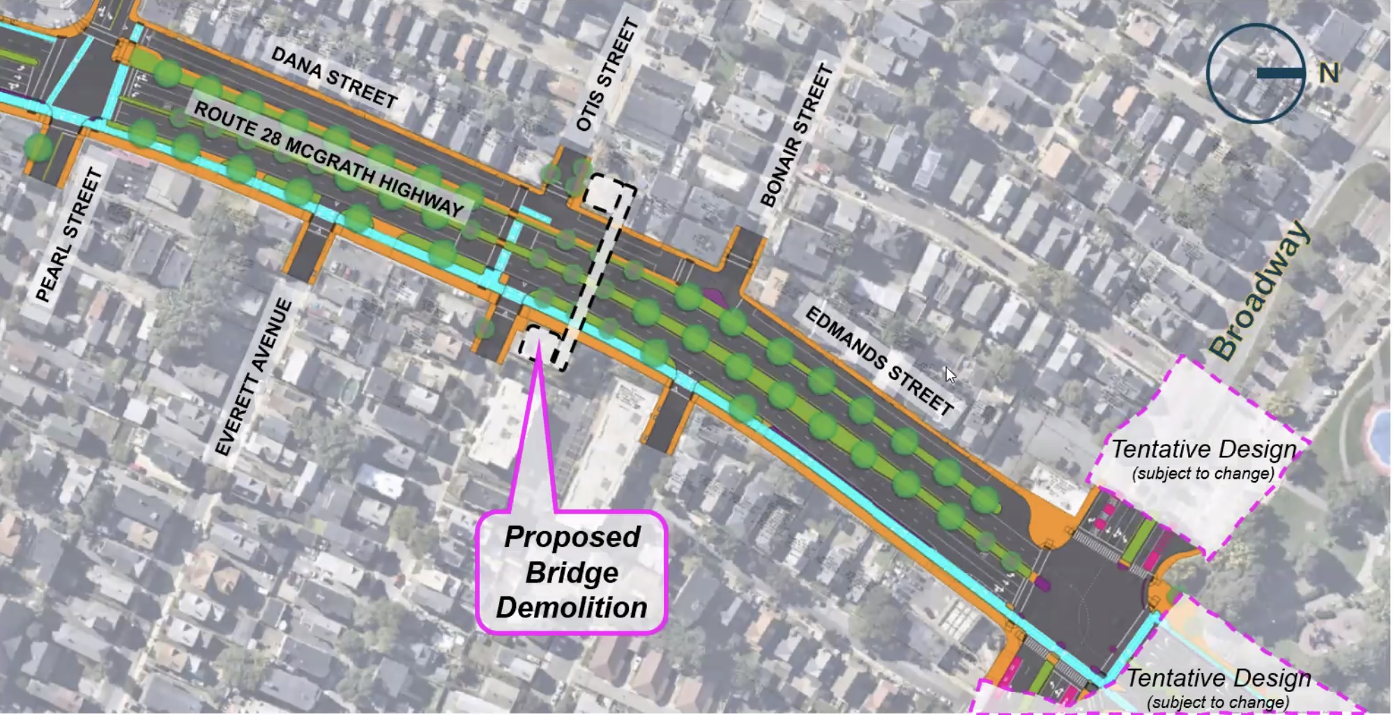 An overhead plan view of the proposed McGrath Boulevard between Pearl Street (in upper left) and Broadway (lower right). The new McGrath runs diagonally from upper left (south) to lower right (north). It features four lanes for motor vehicles, a two-way bike path on the eastern side (shown as a blue stripe) and wide sidewalks (in orange. Between Broadway and Pearl Street, parallel local-access streets with on-street parking, labelled Edmands St. and Dana St. provide local access to adjacent homes. Rows of trees line either side of McGrath and a wide median strip in the middle. At Otis Street, a dashed line represents the planned demolition of the existing pedestrian bridge,which would be replaced with at-grade crosswalks across the narrowed roadway.