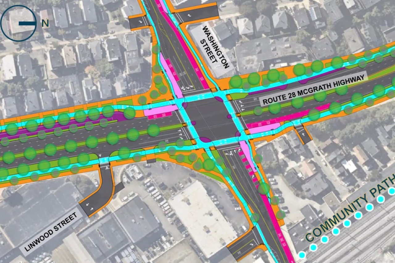 An overhead plan view of the proposed McGrath Boulevard at Washington Street. The new McGrath runs diagonally from left (south) to right (north). It features four to five lanes for motor vehicles, widening to six lanes at the Washington intersection, plus two-way bike paths on both sides (shown as a blue stripes) and wide sidewalks (in orange). A westbound dedicated bus lane is also shown on Washington Street. In the lower right a dotted blue line represents the Community Path.